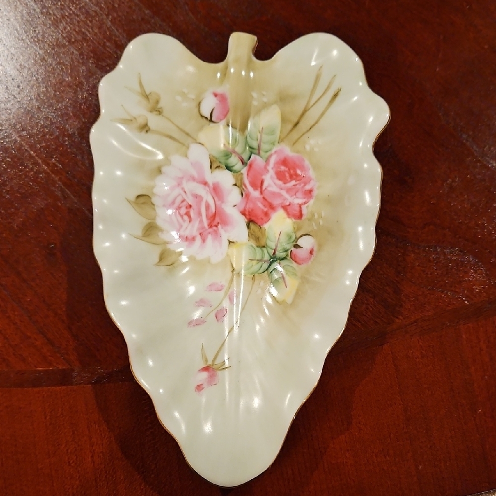 Lefton China Heritage Gilded Edge Green with Pink Rose Leaf Dish #1860